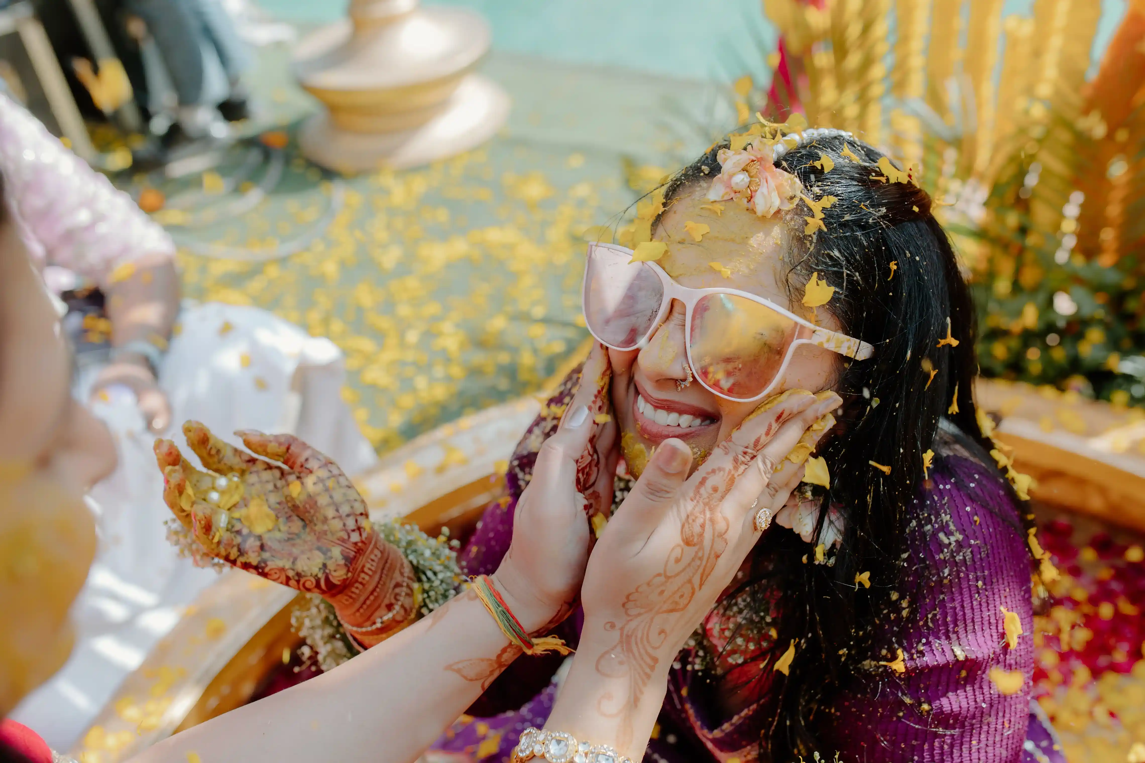 Bride Vachi and Groom Kartik pose for an elegant portrait during their fusion wedding at Bel-La-Monde Hotel, Delhi.
