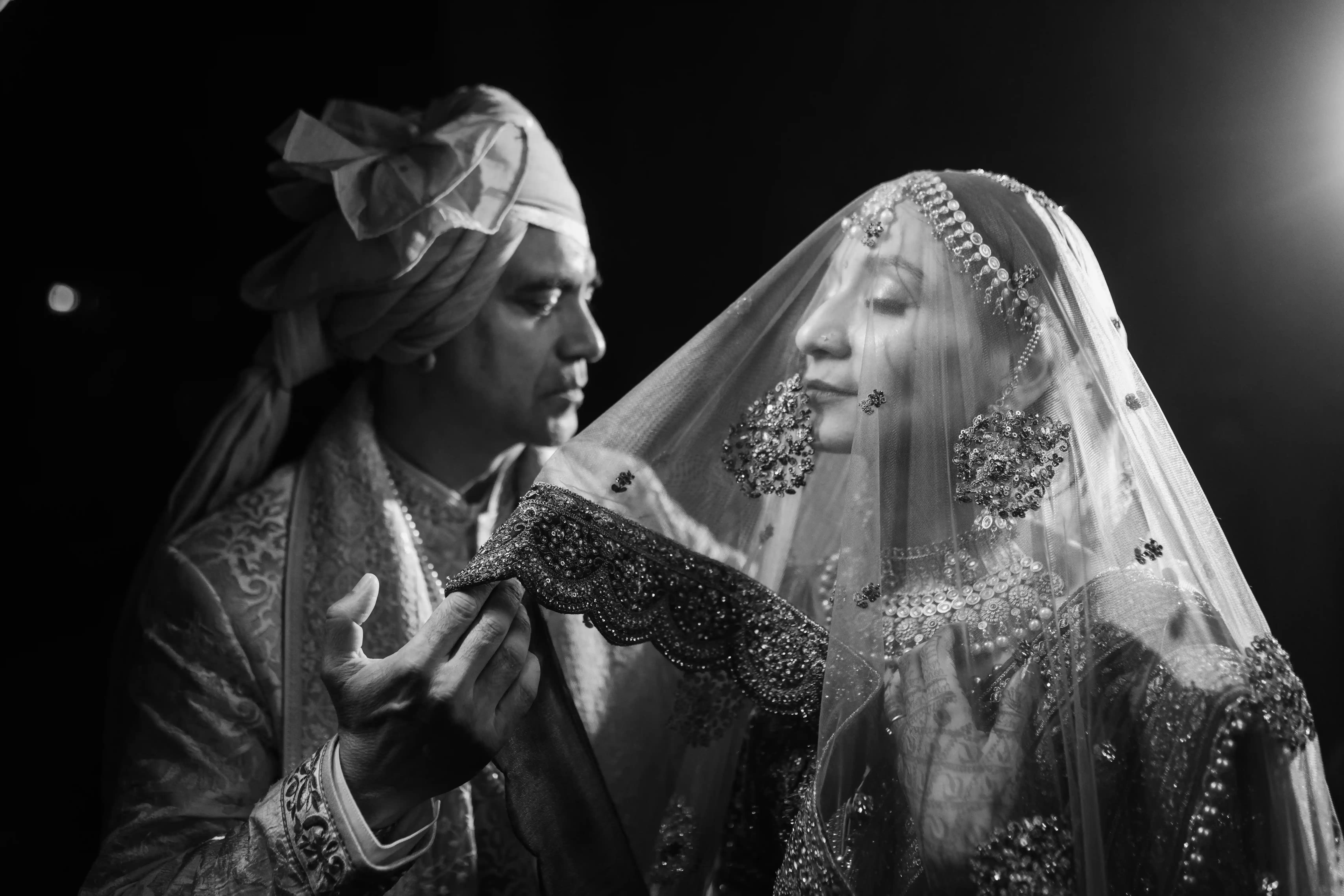Timeless black and white wedding portrait of Bollywood actor Manish Chaudhari and his bride Shruti in Manesar.